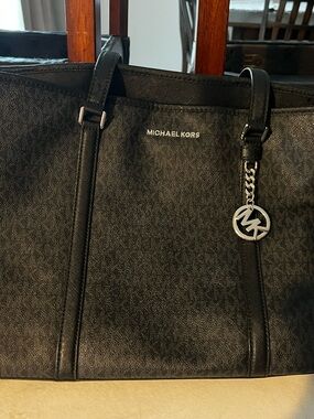 Michael Kors Black Logo Tote with Silver MK Charm